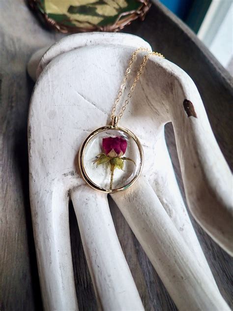 Pressed Flower Necklace Gold Real Rose Bud Necklacepressed Etsy