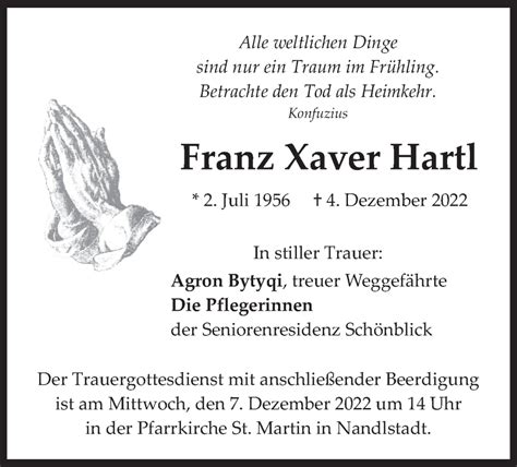 Traueranzeigen Von Franz Xaver Hartl Trauer Merkur De