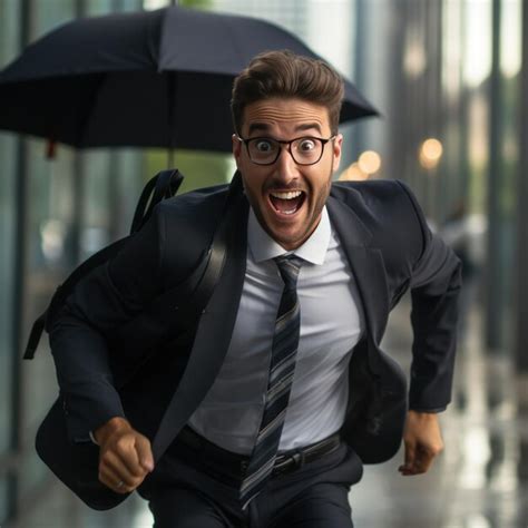 Premium Ai Image Businessman Rushing With Umbrella In Hand