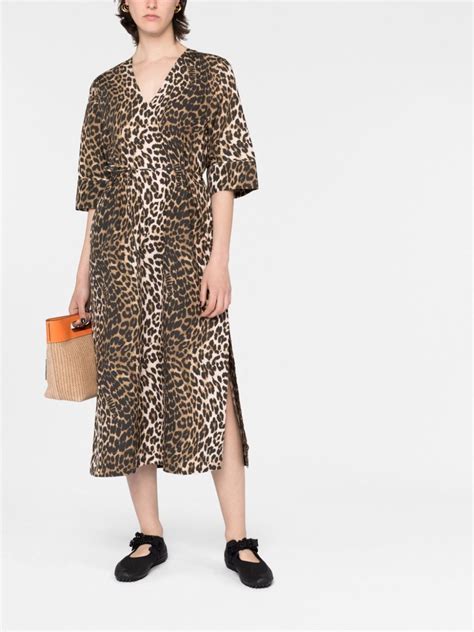 Ganni Leopard Print Tied Waist Midi Dress Brown Farfetch