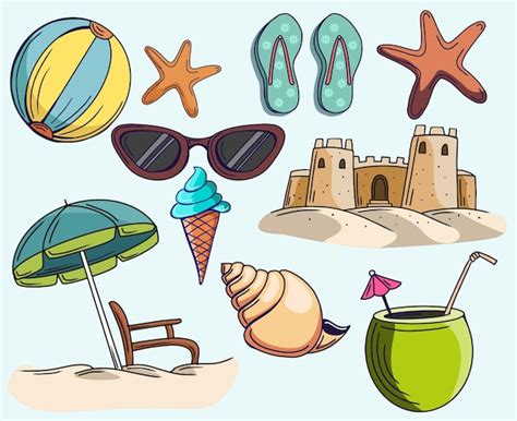 Premium Vector Summer Vacation Beach Elements Hand Drawn Vector