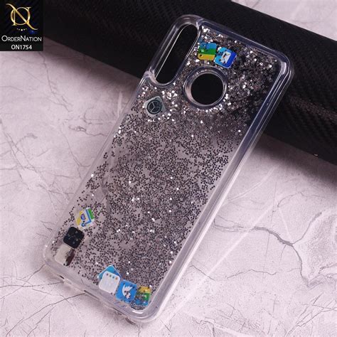 Infinix Hot 8 Cover Silver Floating Liquid Bling Glitter Icons Sof Ordernation