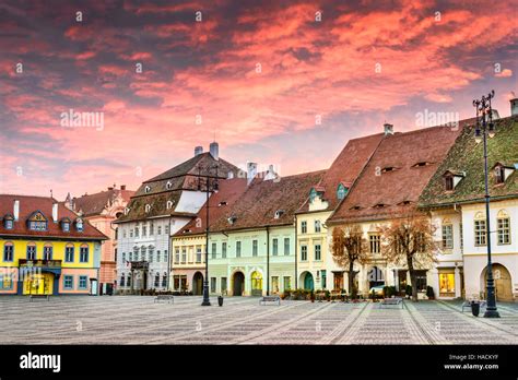 Sibiu Romania Colorful Clouds On Sunrise Large Square In Sibiu Stock