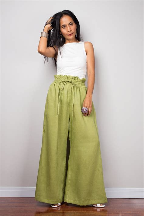 Green Linen Trousers Handmade Long Wide Leg Palazzo Pants Etsy