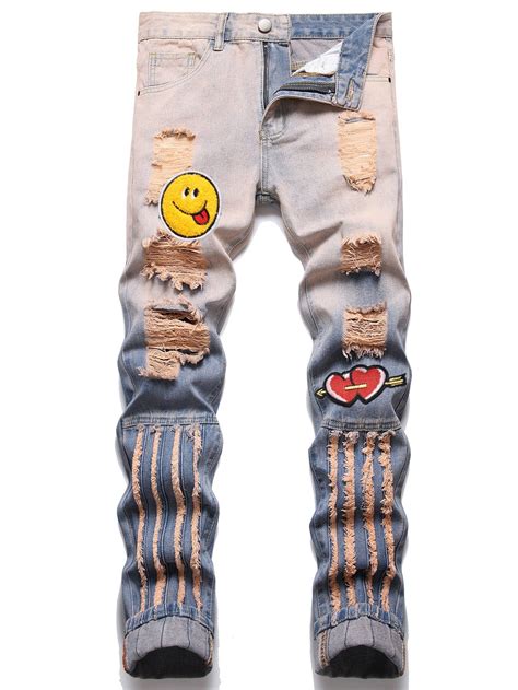 Men Cartoon Letter Patched Detail Ripped Frayed Jeans Medium