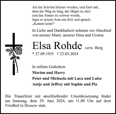 Traueranzeigen Von Elsa Rohde Trauer Anzeigen De