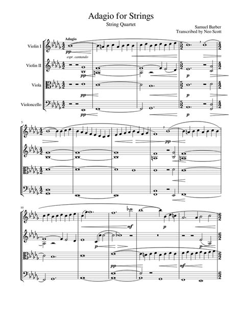 Adagio For Strings String Quartet Sheet Music For Violin Viola