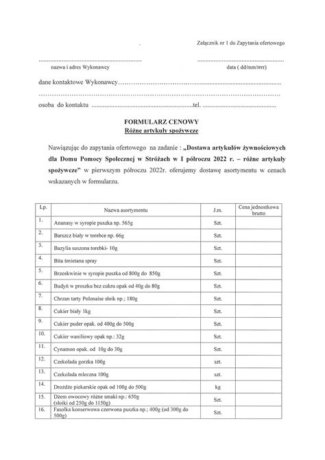 Zapytanie Ofertowe Na Dostaw R Nych Artyku W Spo Ywczych W I