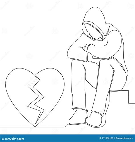 Continuous Line Drawing Man With A Broken Heart Is Sitting In