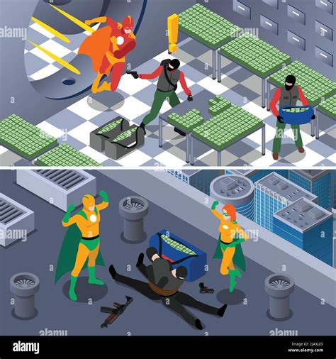 Superhero And Robbery Isometric Concept Superheroes Horizontal Banners