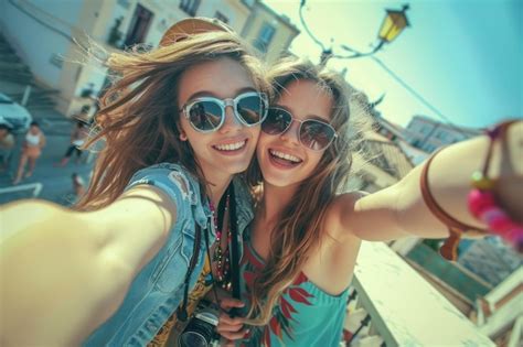 Premium Photo Best Friends Travel Europe Take Vintage Selfies