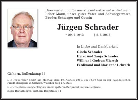 Traueranzeigen Von Juergen Schrader Trauer Anzeigen De