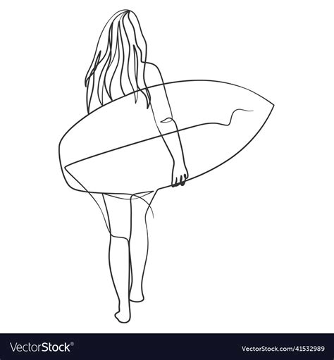 Continuous line drawing of a surfer girl Vector Image