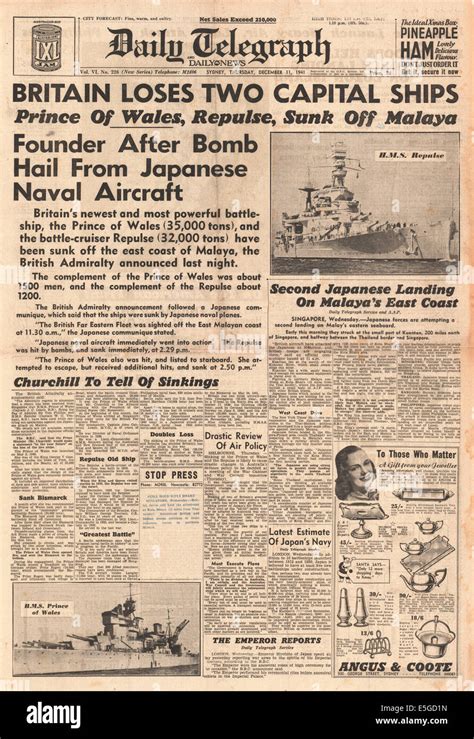 1941 Daily Telegraph (Sydney, Australia) front page reporting Japanese ...