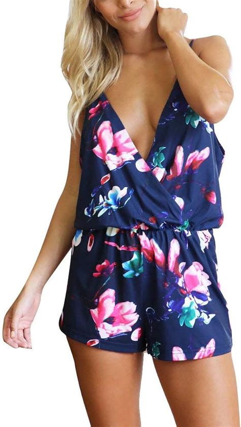 Playsuit Damen Sommer Elegante V Ausschnitt Blumenprint Retro Ärmellos Einfacher Stil Onesie