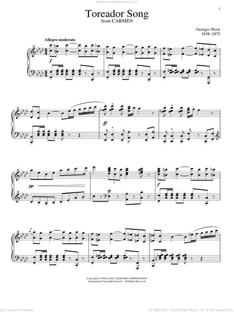 Bizet Toreador Song Sheet Music For Piano Solo Pdf