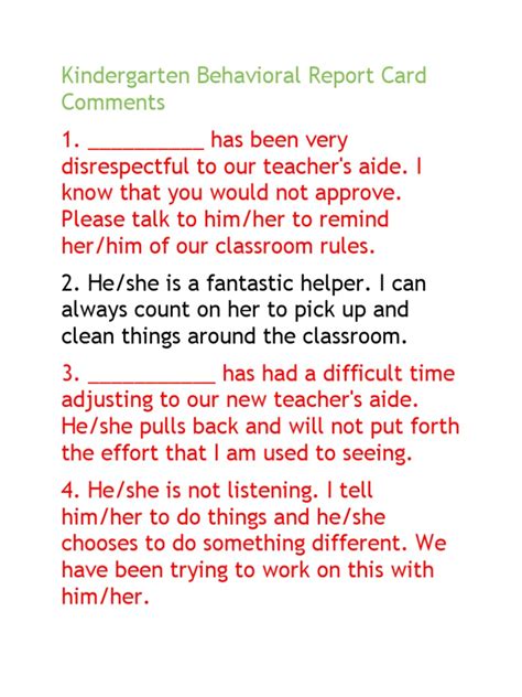 General Report Card Comments For Kindergarten