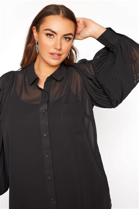 Plus Size Yours London Black Pleat Sleeve Mesh Shirt Yours Clothing