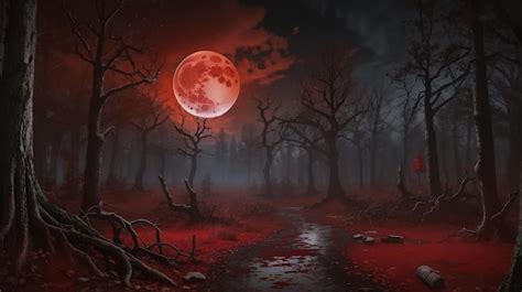 Premium Ai Image Spooky Haunted Forest Lit By Blood Red Full Moon