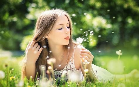 Download Dandelion Field Flower Woman Mood Hd Wallpaper