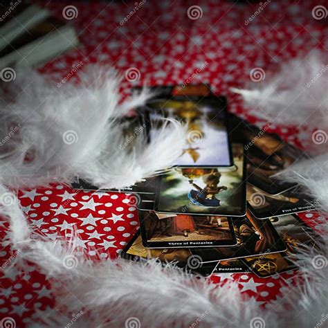 Blurred Predictions Background Tarot Cards Layout On Witch Table Stock