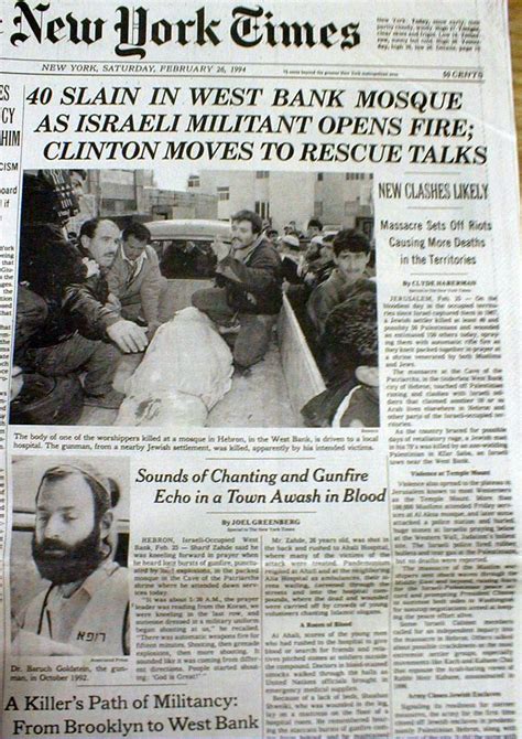 1994 NY Times newspaper Jewish terrorist BARUCH GOLDSTEIN kills 40in Arab Mosque