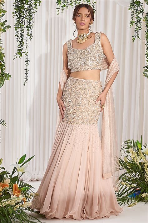 Soft Pink Hand Embroidered Fish Cut Wedding Lehenga Set By Nidhika