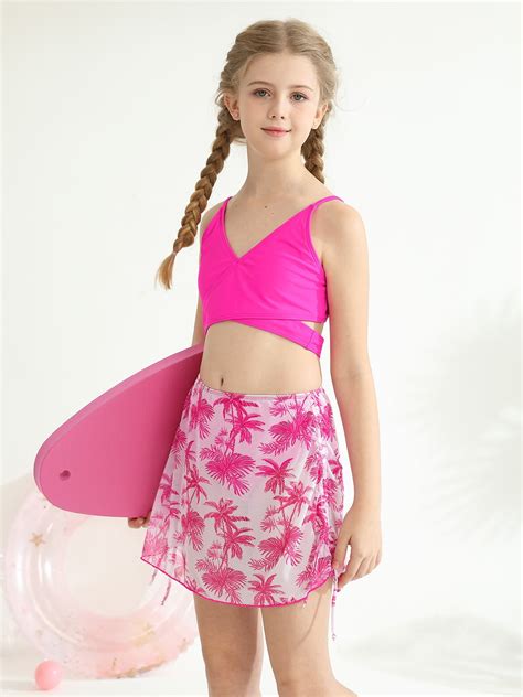 BULLPIANO Girls Swimsuit 3 Piece Tropical Floral Print Bikini Set Criss Cross Bathing Suit With