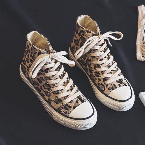 Womens Spring Leopard Print High Top Korean Canvas Shoes Leopardenmuster Leopard