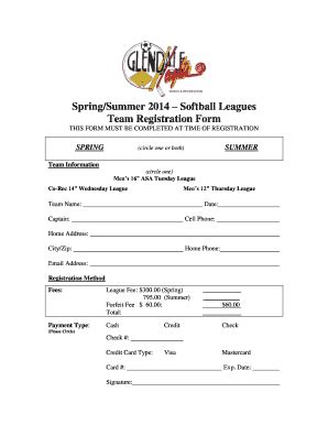 Fillable Online Spring Summer 2014 Softball Leagues Team Registration