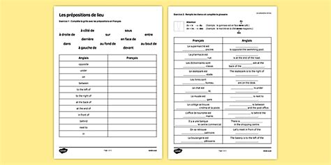 Place Prepositions Worksheet French Grammar Exercises PDF