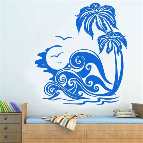 Sea Waves And Palm Trees Beach Wall Sticker Bedroom Vinyl Art Decal