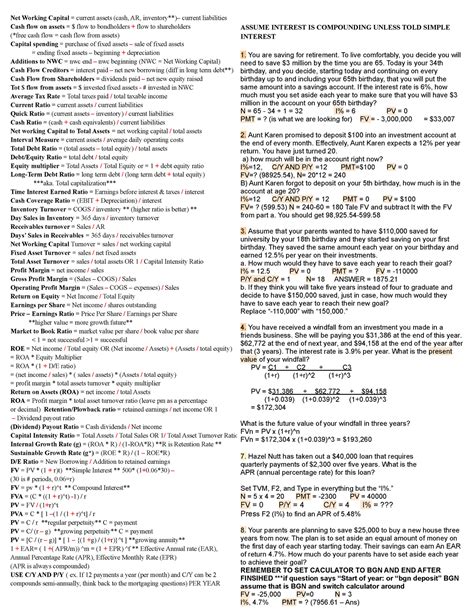 FIN300 Cheat Sheet Net Working Capital Current Assets Cash AR