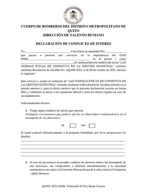 Declaracion De Conflicto De Intereses Formulario Pdf Gobierno