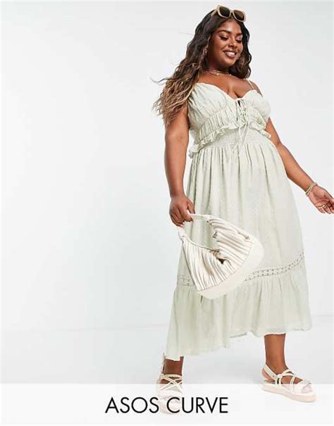 Asos Design Curve Textured Midi Sundress With Shirred Waist And Lace In