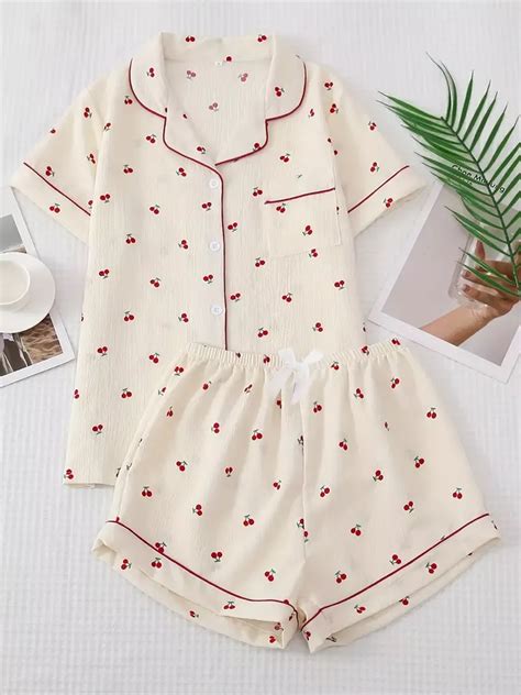 Y K Style Cherry Print Pajama Set Sweet Cute Lapel Buttons Top And