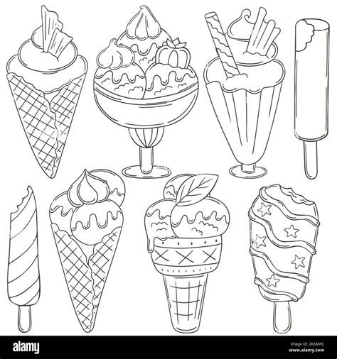 Coloring Ice Cream Set Of Vector Illustrations In Hand Draw Style Collection Of Icons Pins