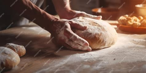 Premium Ai Image Bread Preparation Hands Kneading Dough On Table