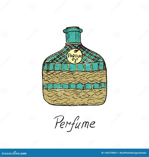 Perfume Vintage Green Bottle With Inscription Hand Drawn Doodle Sketch