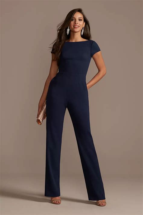 Short Sleeve Stretch Crepe Jumpsuit With Open Back Davids Bridal