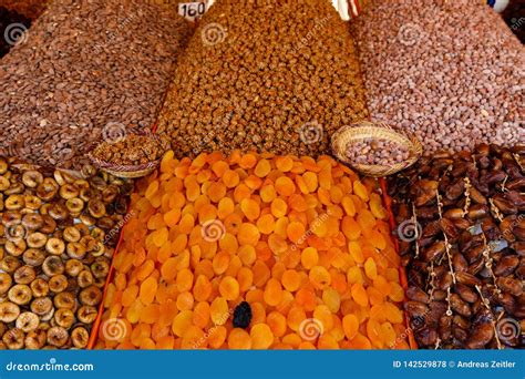 Dried Fruit And Nuts On Market Stall At The Bazaar In Marrakesh