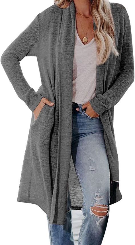 Affuhua Damen Strickjacke Lang Cardigan Schwarz Strickmantel Ohne