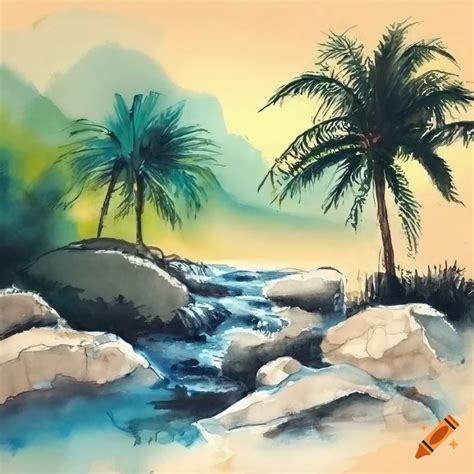 Ink Landscape Painting Of Palm Tree By Rocky Stream On Craiyon