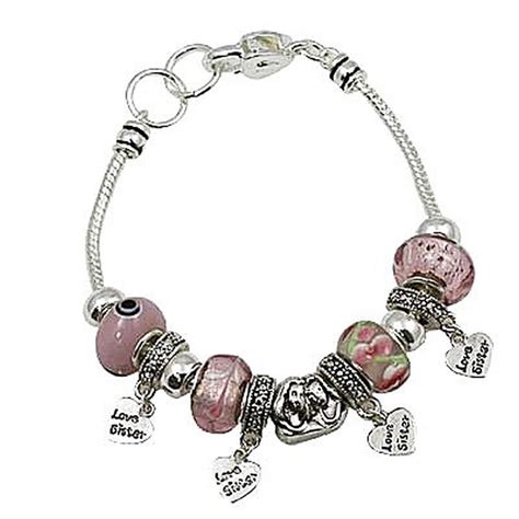 Love Sister Pink Murano Charm Bead Bracelet Pandora Inspired Vintage Style