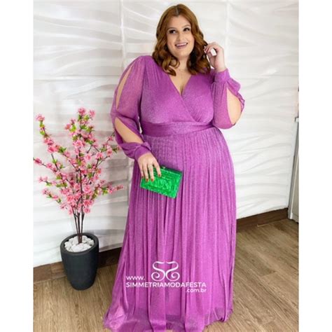 VESTIDO PLUS SIZE FÚCSIA MANGA LONGA DECOTE TRANSPASSADO EM LUREX