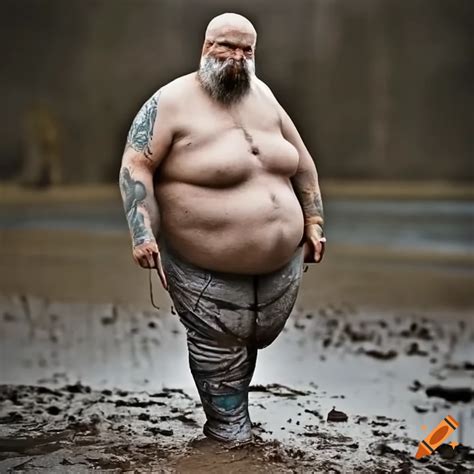 Fat Obese Old Man Tattoo Bearded In Grey Leather In Grey Waders Walking In Mud On Craiyon