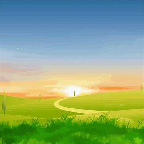 Premium Vector Vector Natural Scenery Sun Sky Grass And Trees