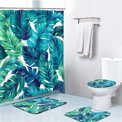 4 Piece Shower Curtain Sets Tropical Palm Leaves With Non Slip Rugs