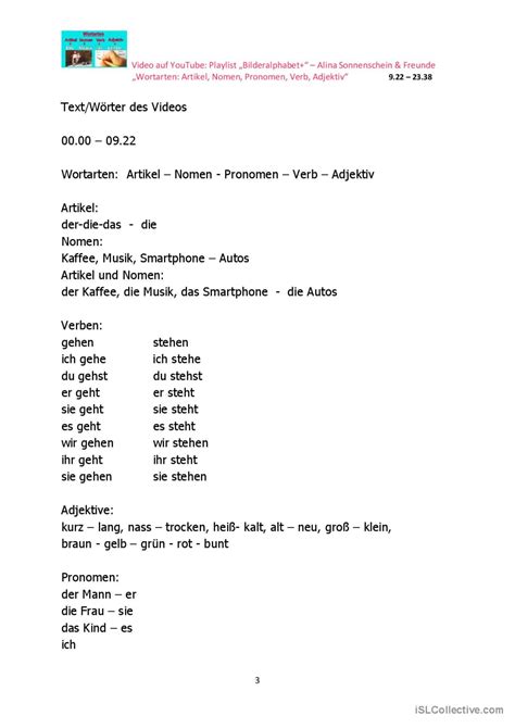 Wortarten Artikel Nomen Verb English ESL Worksheets Pdf Doc