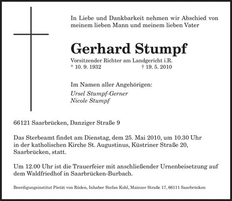 Traueranzeigen Von Gerhard Stumpf Saarbruecker Zeitung Trauer De